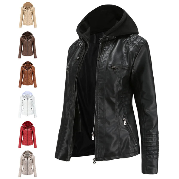 Women Leather Jacket Removable Hood PU Leather Coats