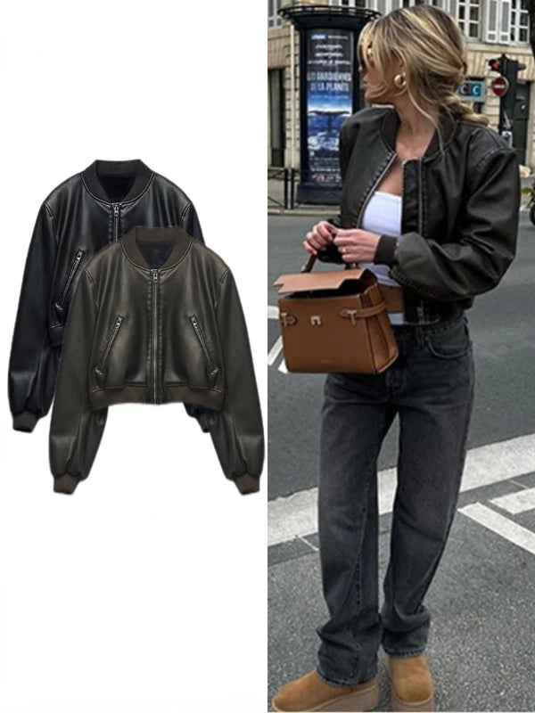 Women Washed Gradient Leather Round Neck Long Sleeves  Loose Jacket Zipper Short Coat Faux Leather Bomber Locomotive PU Coat Top